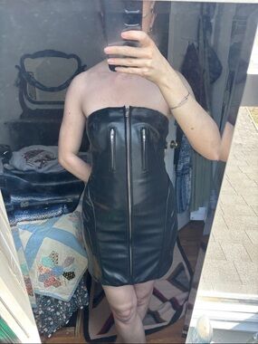 Khy Strapless Black Vegan Leather Mini Dress with Front Zipper